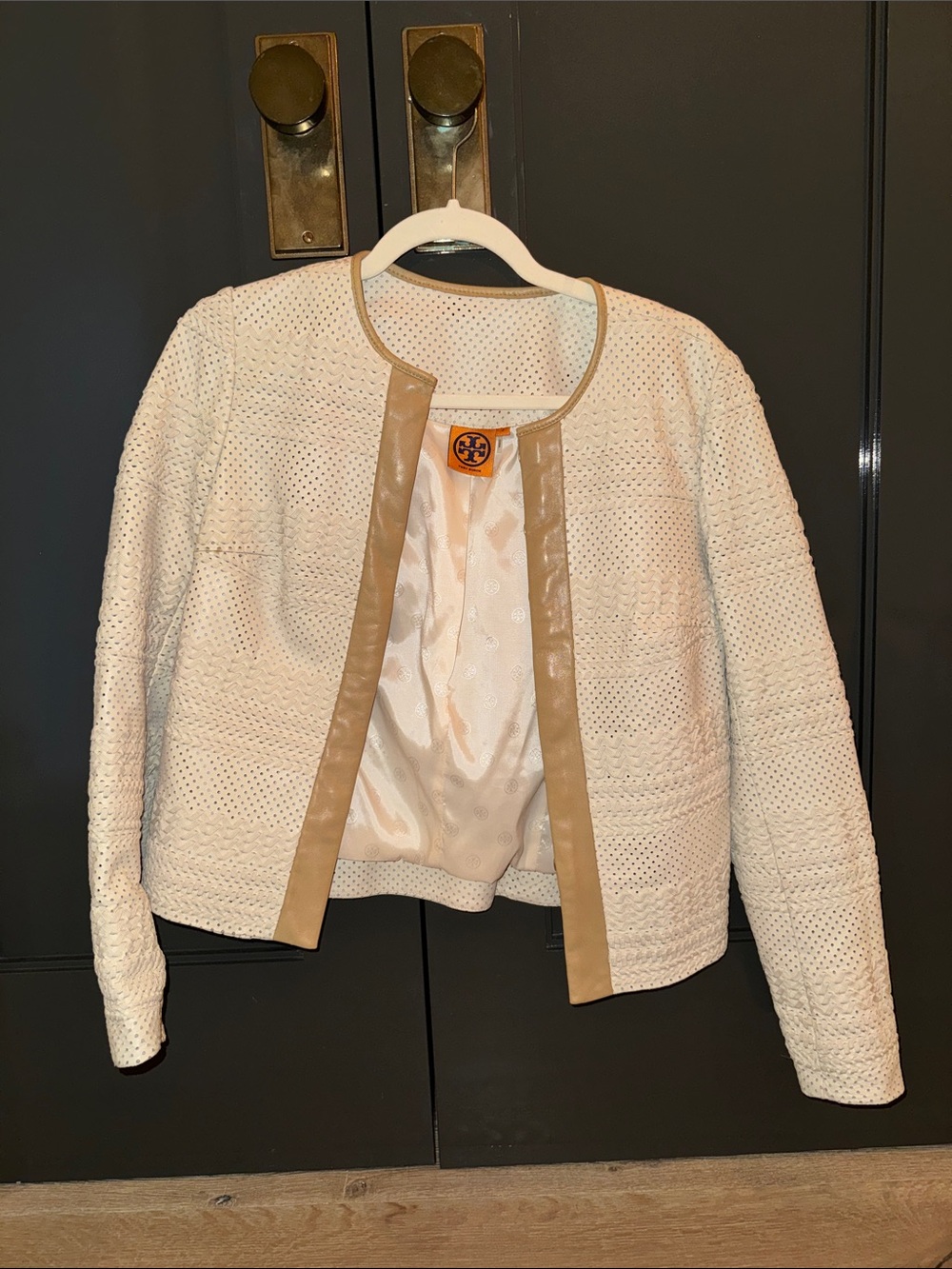 Tory Burch Cream Eyelet Leather Trim Open Jacket Blazer Size 2